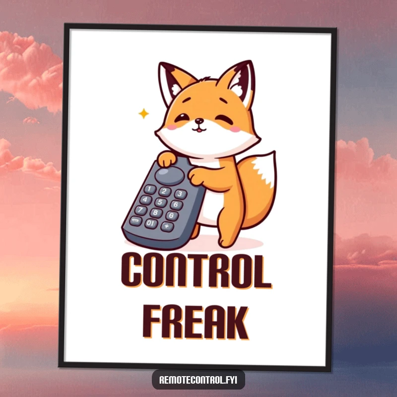 Funny Kawaii Fox Poster depicting an excited fox enthusiastically pressing all the buttons on a large, complex remote control.