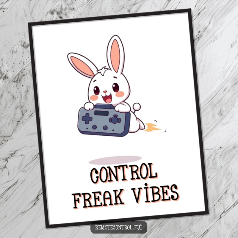 Funny bunny poster, a happy bunny soars through the sky clutching an enormous remote control, a whimsical scene of power.
