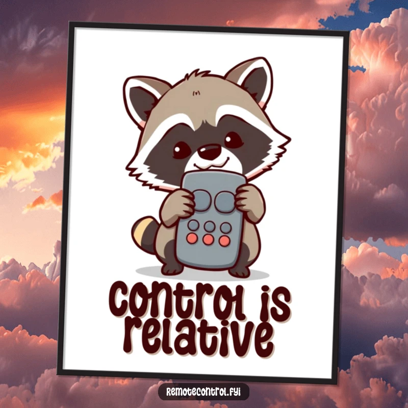 Funny Raccoon Poster: Mischievous raccoon character triumphantly hiding behind a TV remote, a sly grin on its face, symbolizing viewing dominance.