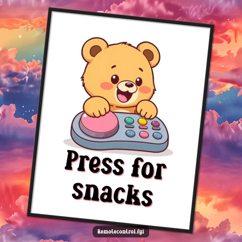 Funny bear cub poster, a happy cub enthusiastically mashing a giant colorful button on a remote, creating a humorous scene.