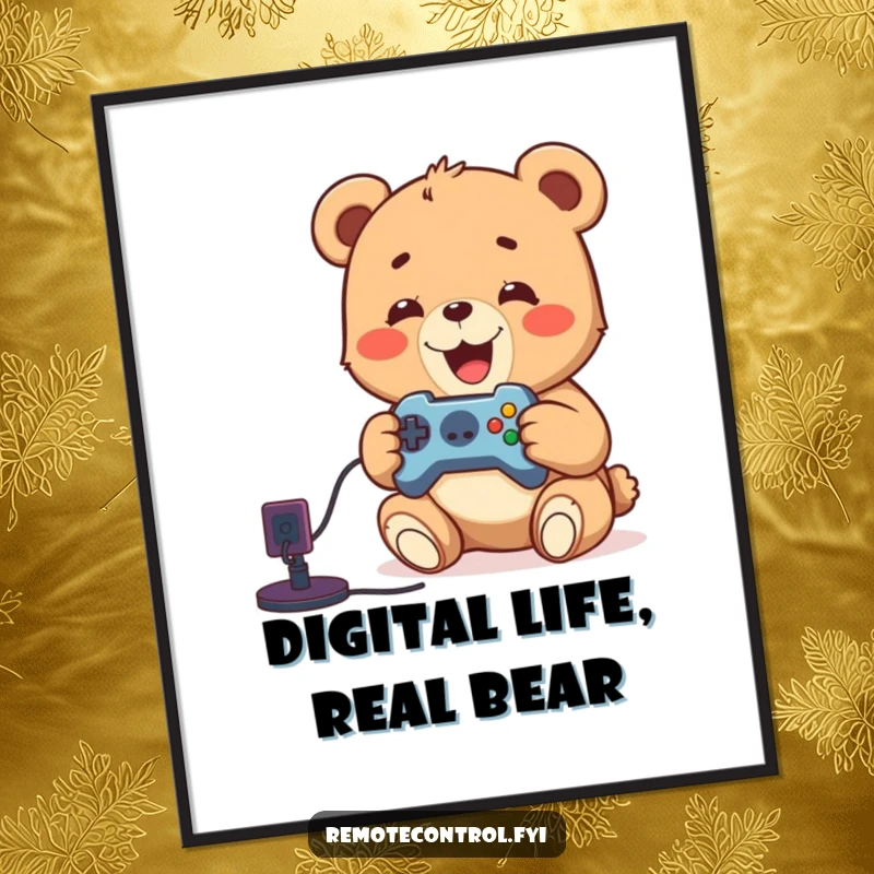 Funny poster of a delighted bear cub engrossed in a video game, remote in paw, capturing the essence of gaming bliss.
