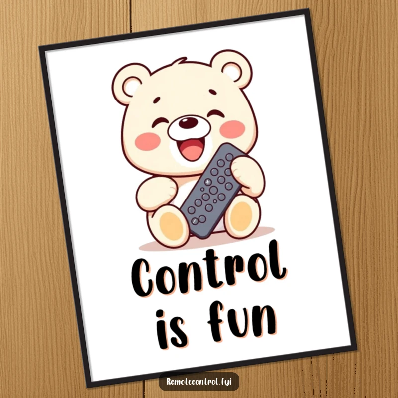 Funny Kawaii Bear Poster of a bear grinning widely while holding a remote control with many buttons, celebrating control.