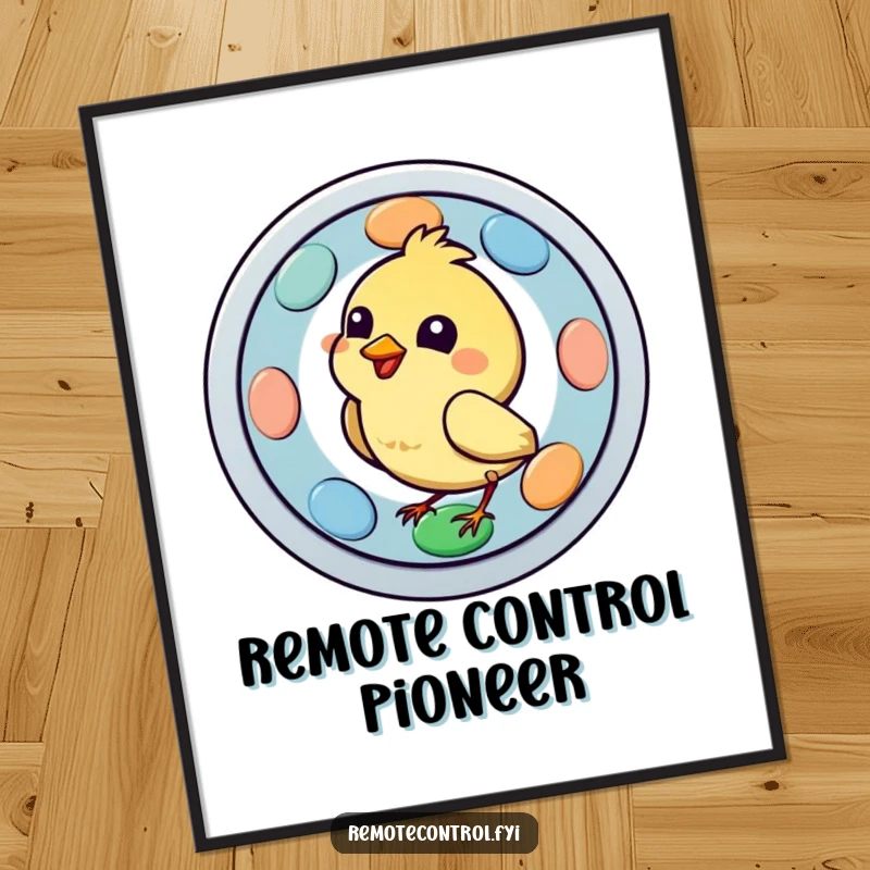 Funny bird character energetically pecking a big, brightly colored remote button on a poster, showcasing a hilarious moment of controller conquest.