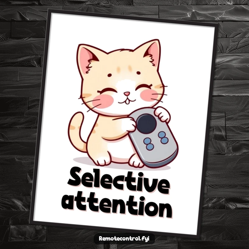 Funny Kawaii Cat Poster art of a playful cat batting at a button on a remote control, adding whimsical humor.