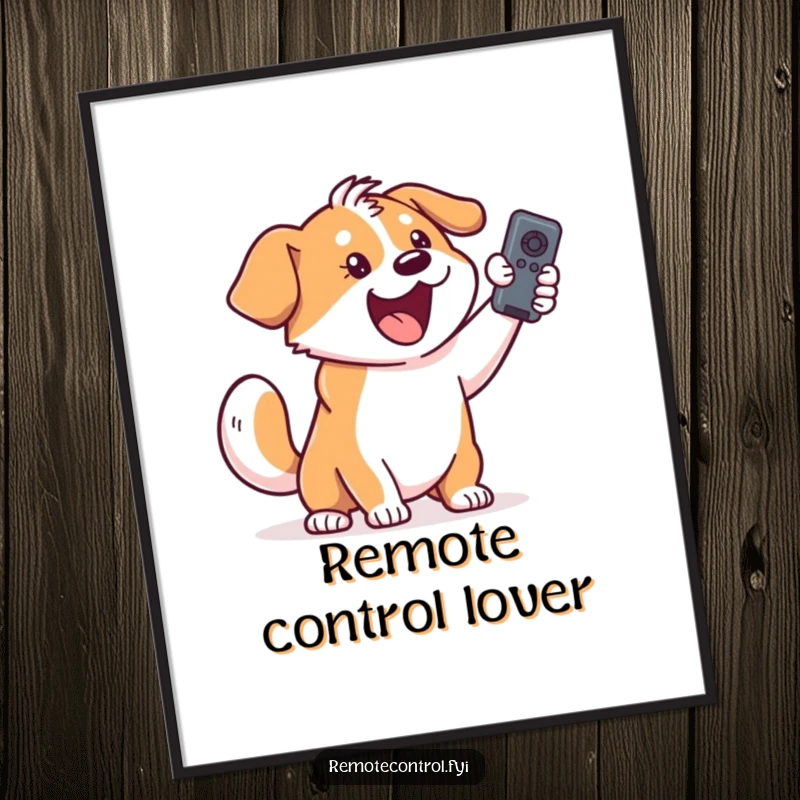 Funny dog poster featuring an ecstatic dog with a furiously wagging tail holding a remote control.