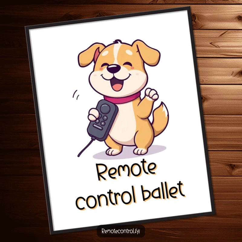 Funny dog character gleefully spinning a TV remote around its paw on a poster, capturing a hilarious moment of pet-induced entertainment chaos.