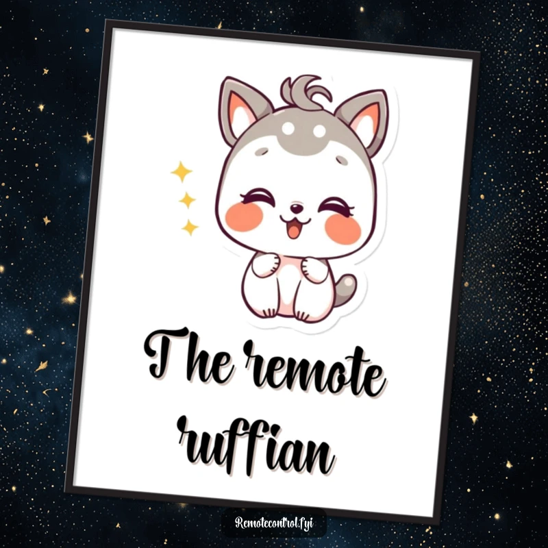 Funny poster of a giggling animal character in the midst of changing TV channels with sheer, mischievous delight.