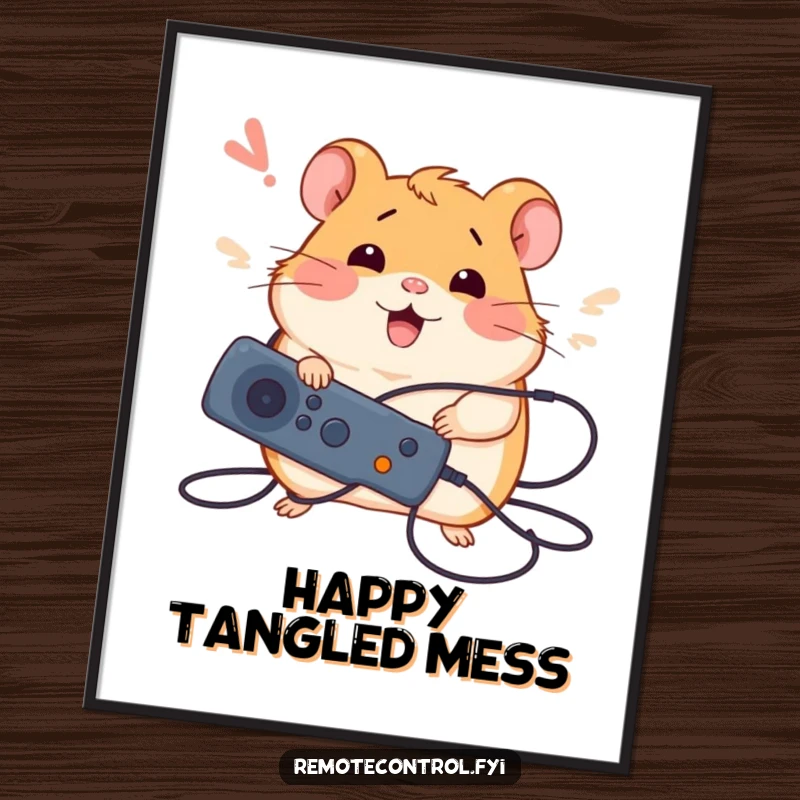 Funny poster of a silly hamster happily tangled in wires, holding a remote with a sigh of relief, celebrating tech success.