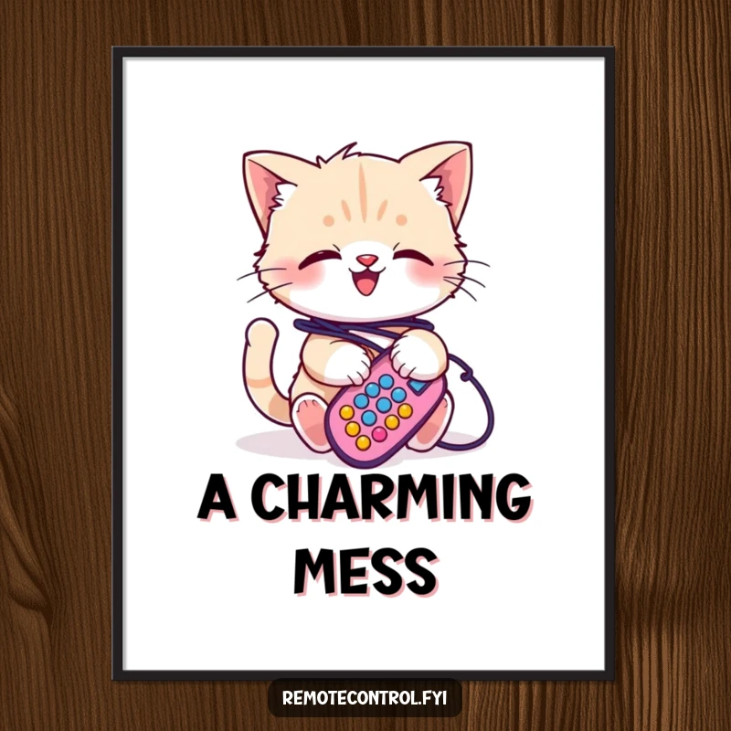 Funny kitten poster, a very happy kitten is comically ensnared in the tangled cords of a bright remote control, looking delighted.