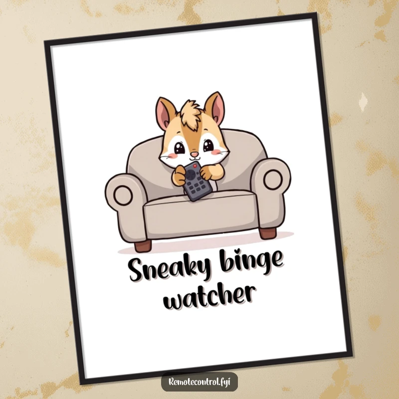 Funny poster art of a mischievous squirrel character hiding behind a couch, peeking with a TV remote.