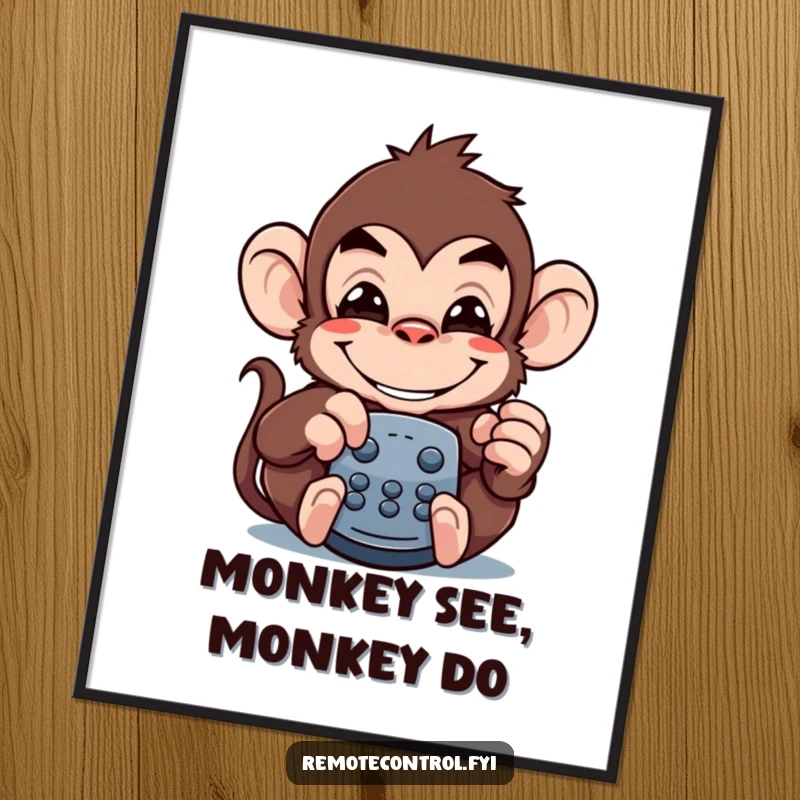 Funny monkey poster art showing a mischievous monkey with a wide grin, cleverly disguised as a television remote control.