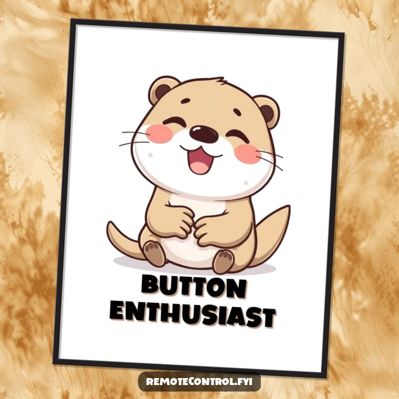 Funny poster of a happy otter character delightedly and intensely tapping many buttons on a keyboard or control panel.