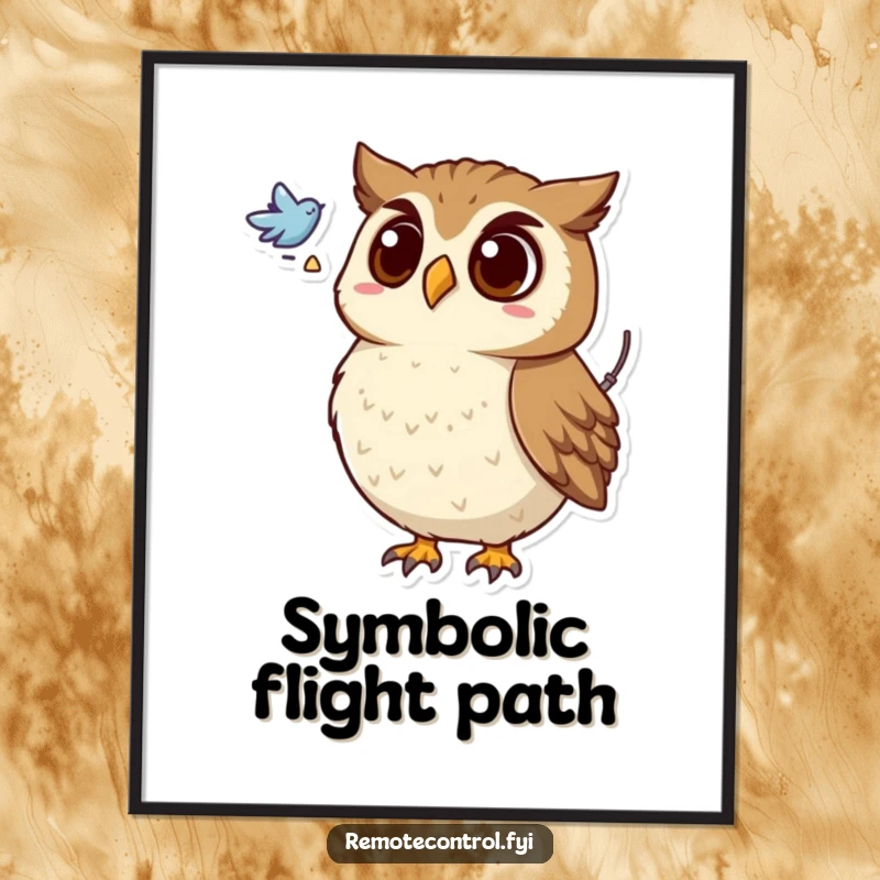 Funny poster of a surprised owl holding a remote, looking at a flying symbol, evoking curiosity and the unknown.