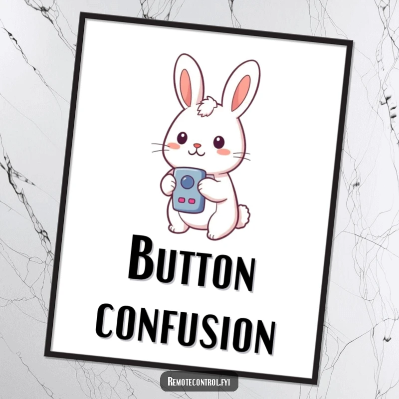 Funny Kawaii Rabbit Poster art of a rabbit looking surprised while holding a remote control and discovering a button.