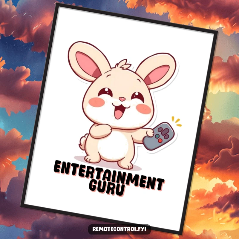 Funny Rabbit Remote Poster depicting a giggling rabbit with wide eyes, enthusiastically pointing a remote, adding joy to walls.