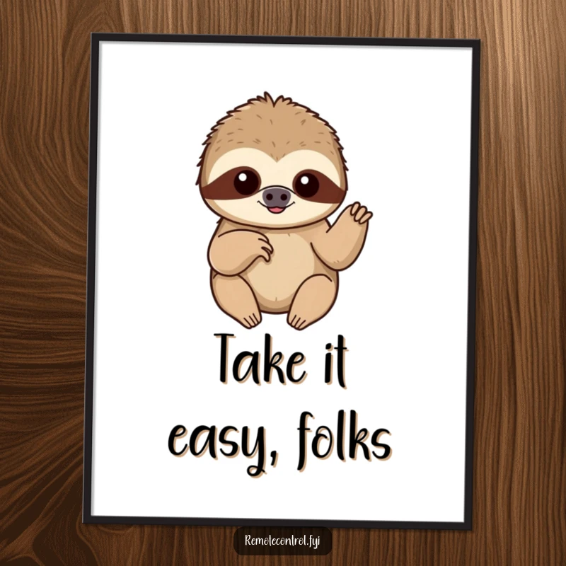 Funny content sloth slowly pushing a button with a single finger, presented as humorous wall art.
