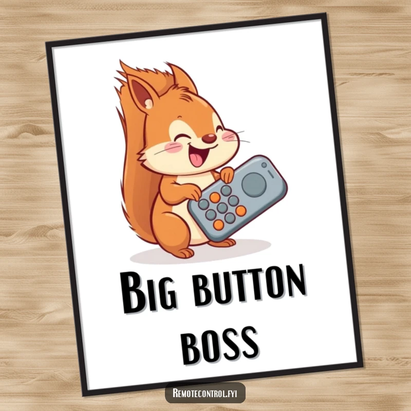 Funny squirrel poster, a delighted squirrel wrestling with a giant oversized remote control, creating a humorous scene.