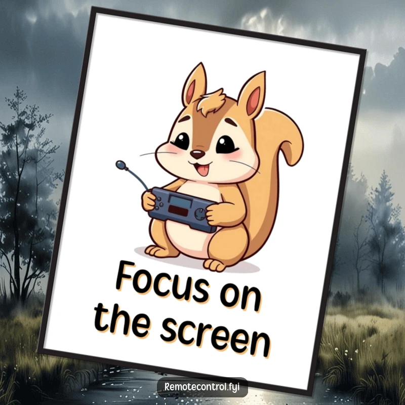 Funny poster of a happy squirrel character holding a TV remote control in both paws, with a serious concentration expression.