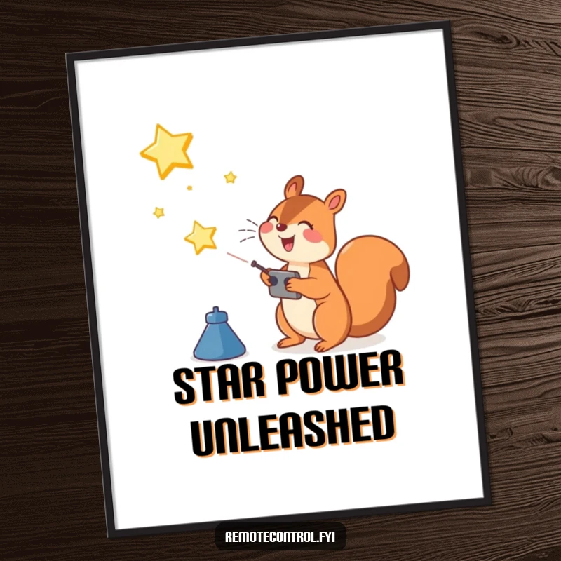 Funny Squirrel Poster: Joyful squirrel character operating a remote control to launch a shining star into the vast night sky.