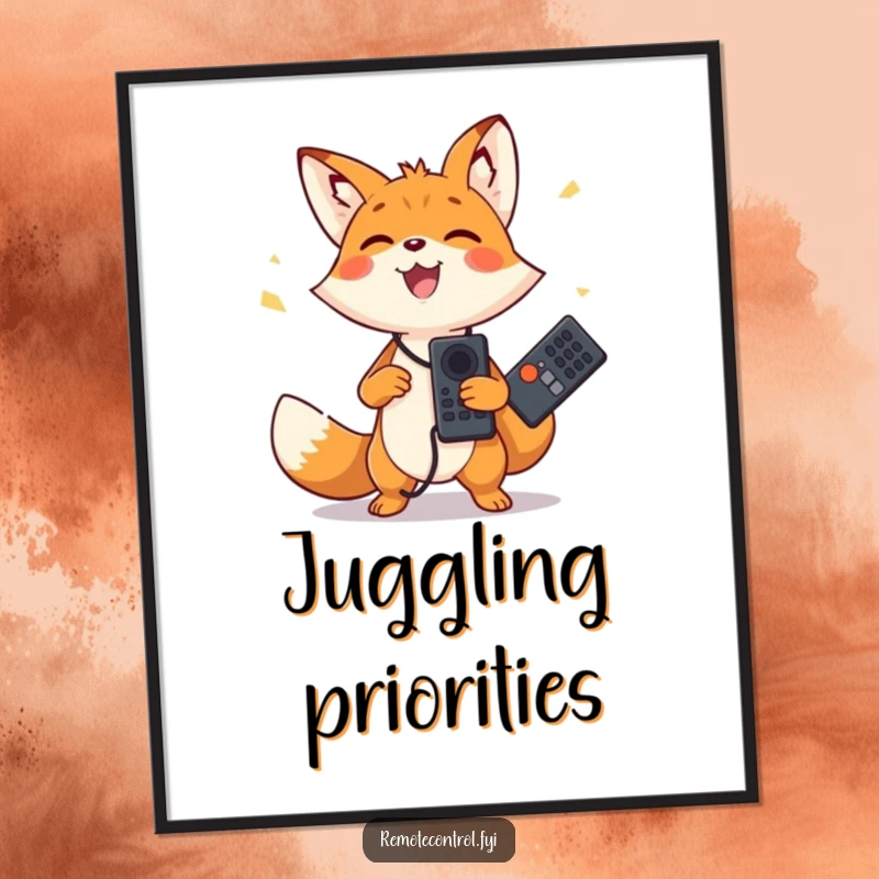 Funny poster art of a happy fox character joyfully juggling two remote controls. Vibrant and humorous decor.