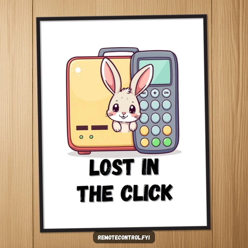 Funny poster showing a curious bunny peeking from behind a giant, colorful remote control, perfect for home or office decor.