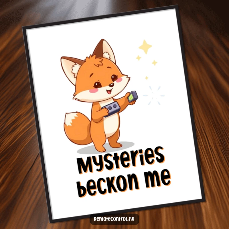Funny poster of a cheerful fox aiming a remote control at a distant, mystical object, evoking wonder and adventure.