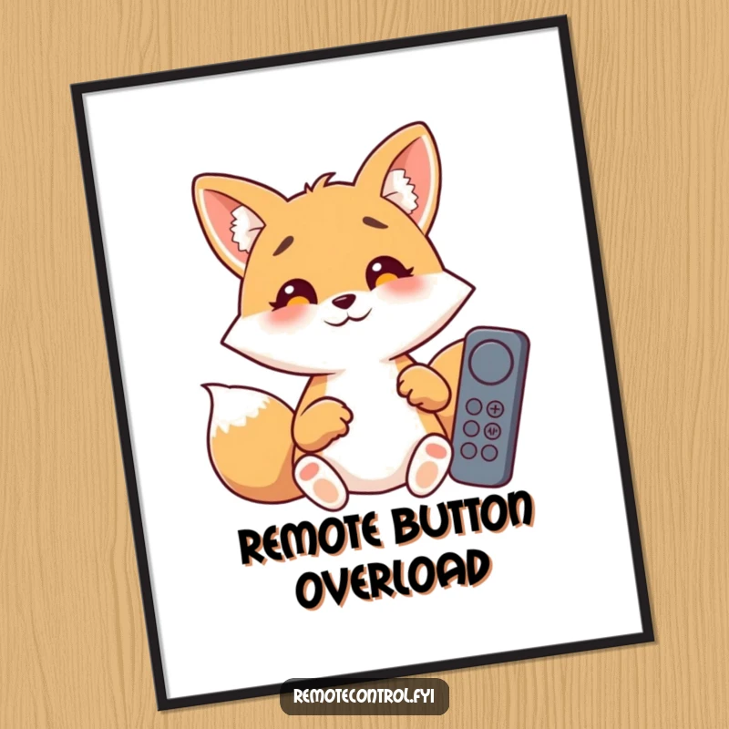 Funny giggling fox with wide, shocked eyes, surrounded by numerous remote controls and buttons, presented as wall art.