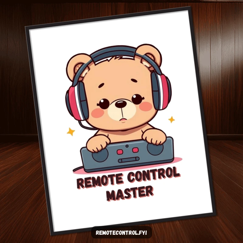 Funny poster illustrating a bear with large headphones, staring intently at a remote, capturing a moment of pure, humorous digital absorption.