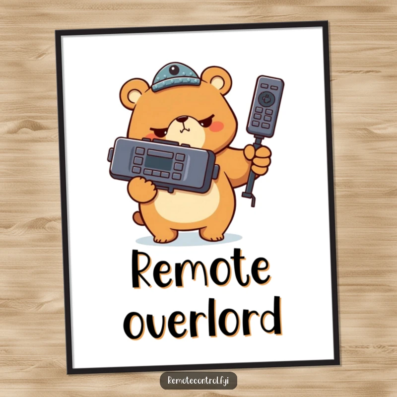 Funny bear character holding a large TV remote with extreme seriousness on a poster, showcasing a hilarious image of command and control.