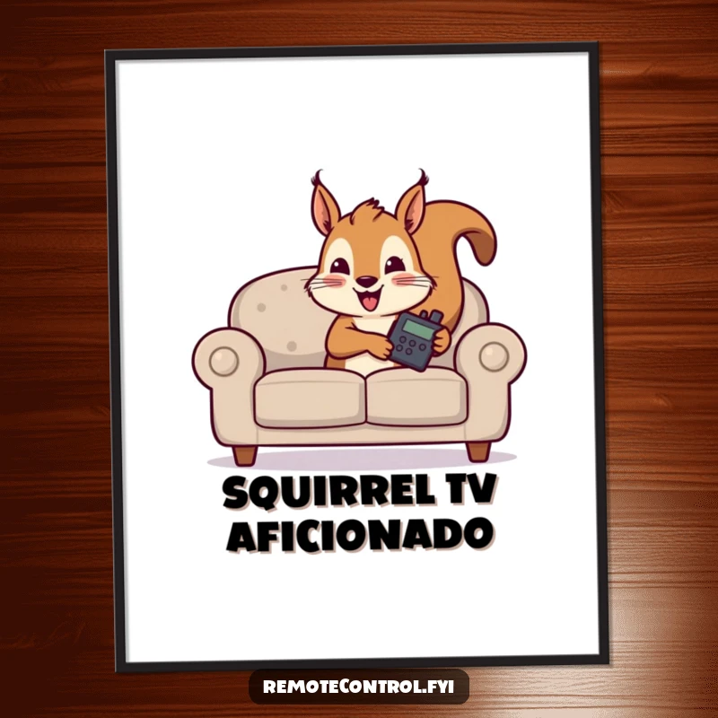 Funny poster art of a sly squirrel hiding behind a sofa, holding a TV remote with a cheeky expression.