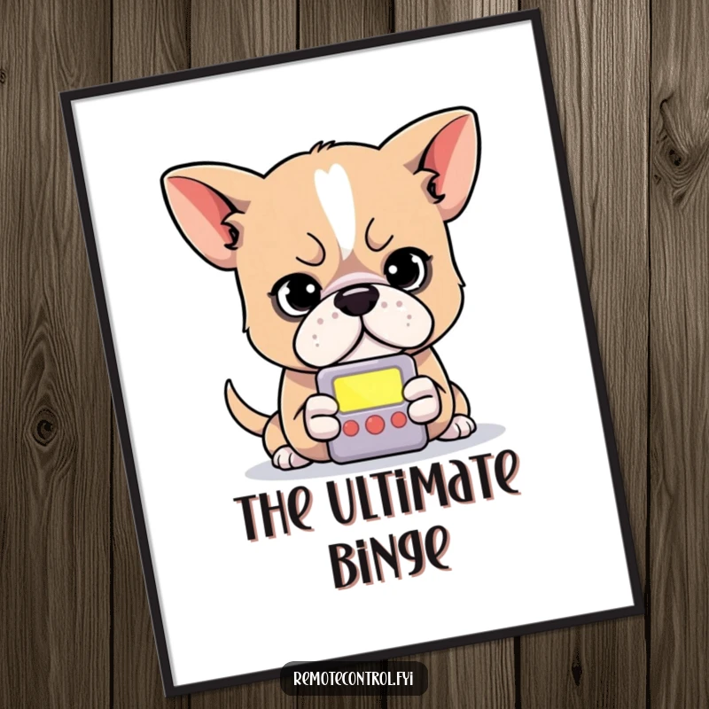 Funny dog poster art showing a determined dog with intense focus on a small, glowing remote control screen.