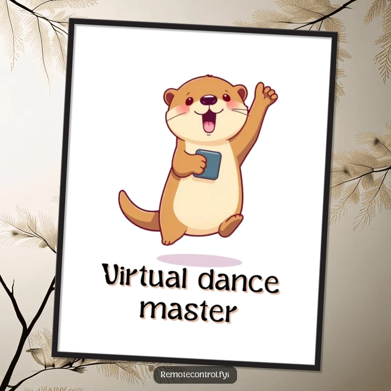 Funny poster of a jumping otter holding a remote, controlling a virtual character's dance, capturing digital entertainment joy.