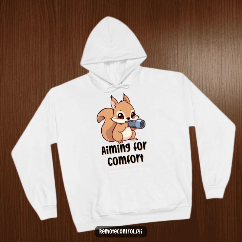 Funny kawaii squirrel with mischievous eyes aiming a remote control on a hoodie.