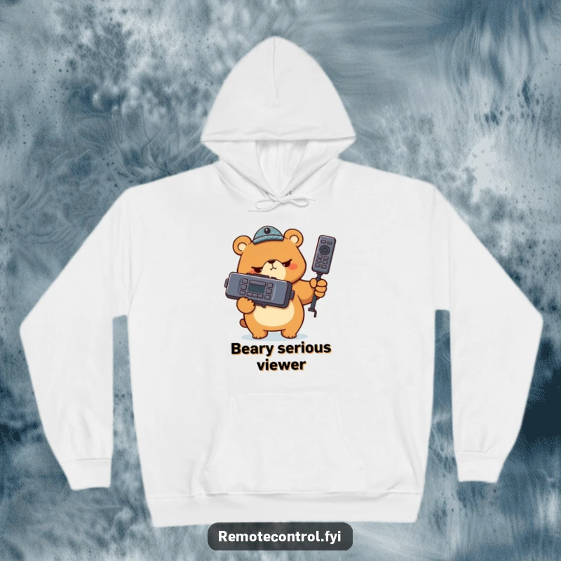 Funny bear character holding a giant TV remote with a stern expression on a hoodie, representing a humorous and serious approach to entertainment.