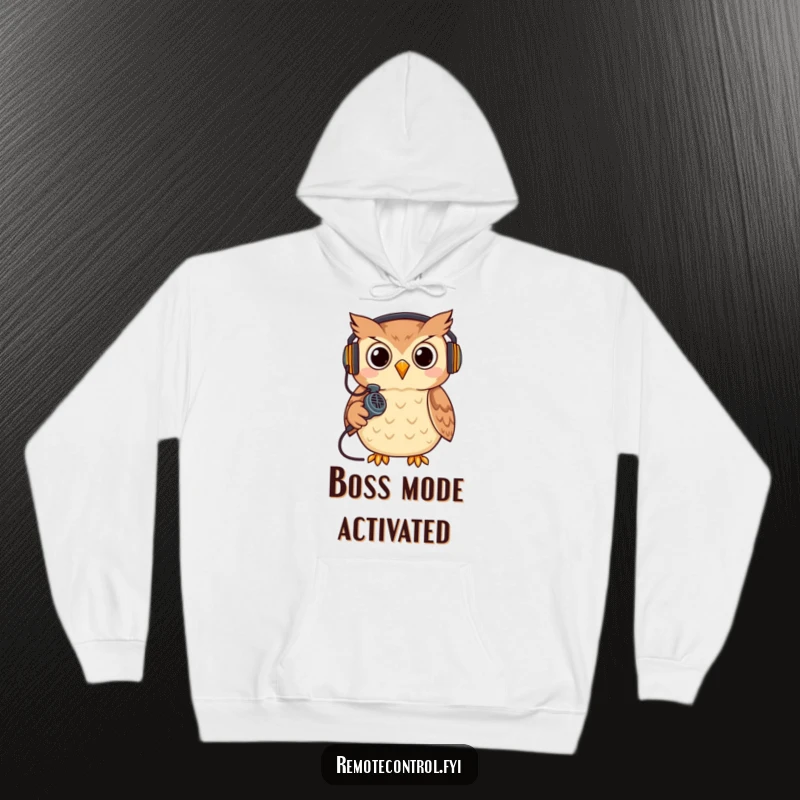 Funny owl wearing a headset, holding a remote like a microphone, gaming. Cozy funny hoodie gift.