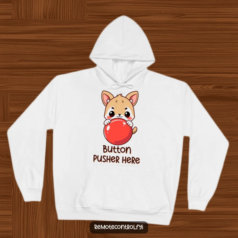Funny Hoodie: Cute Animal Character Eagerly Pressing a Large Red Button with Determined Expression, Cozy and Humorous.