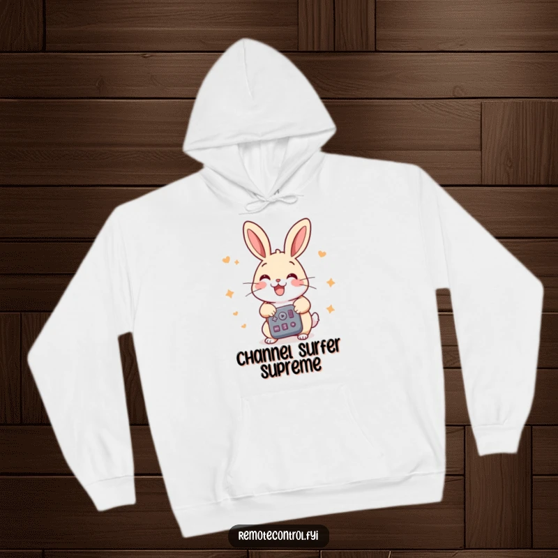 Funny rabbit hoodie, a cheerful rabbit pressing multiple buttons on a remote energetically, perfect for cozy, active wear.