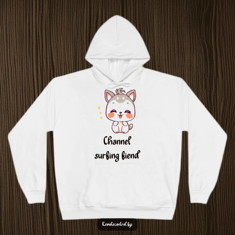 Funny hoodie illustrating a giggling animal character with a look of pure mischievous delight while changing TV channels.