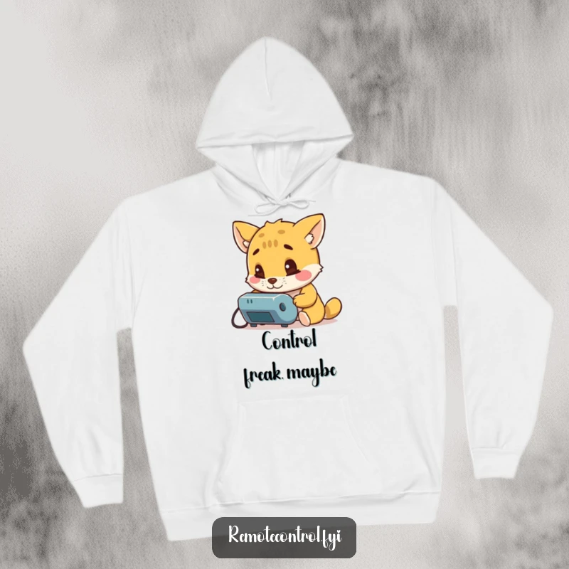 Funny hoodie with a curious animal character intensely examining a remote control, embodying deep interest and a desire to understand.