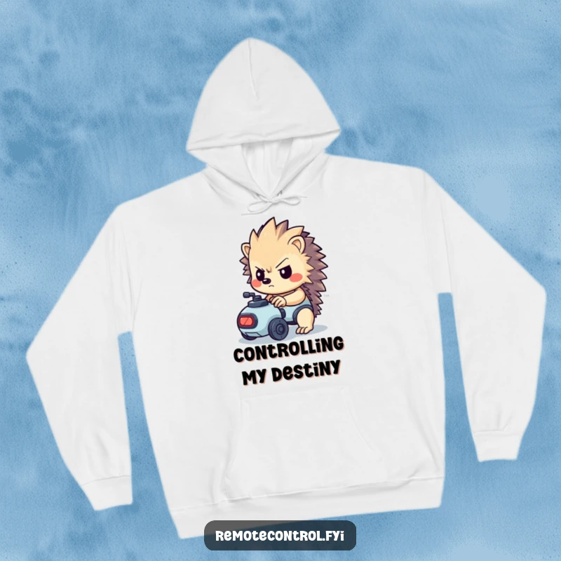 Funny kawaii hedgehog with a determined look controlling a tiny robot on a hoodie.