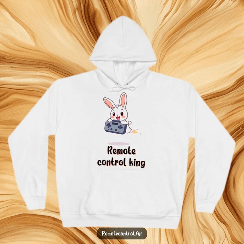 Funny bunny hoodie, a joyful bunny character is airborne, holding an oversized remote control, embodying the ultimate TV watcher.