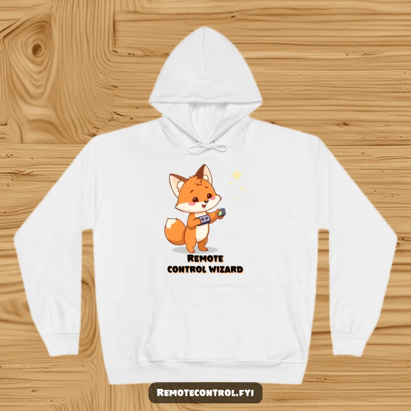 Funny hoodie featuring a cheerful fox pointing a remote at a magical object, symbolizing curiosity and cozy enchantment.