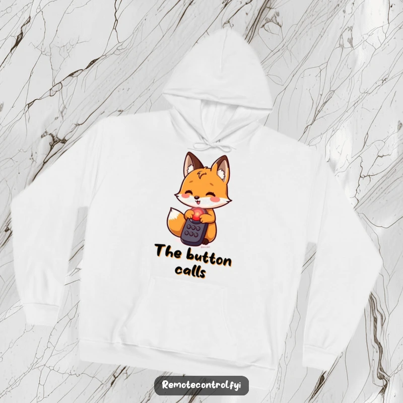 Funny fox hoodie, a mischievous fox character is about to push a glowing red button on a control panel with anticipation.