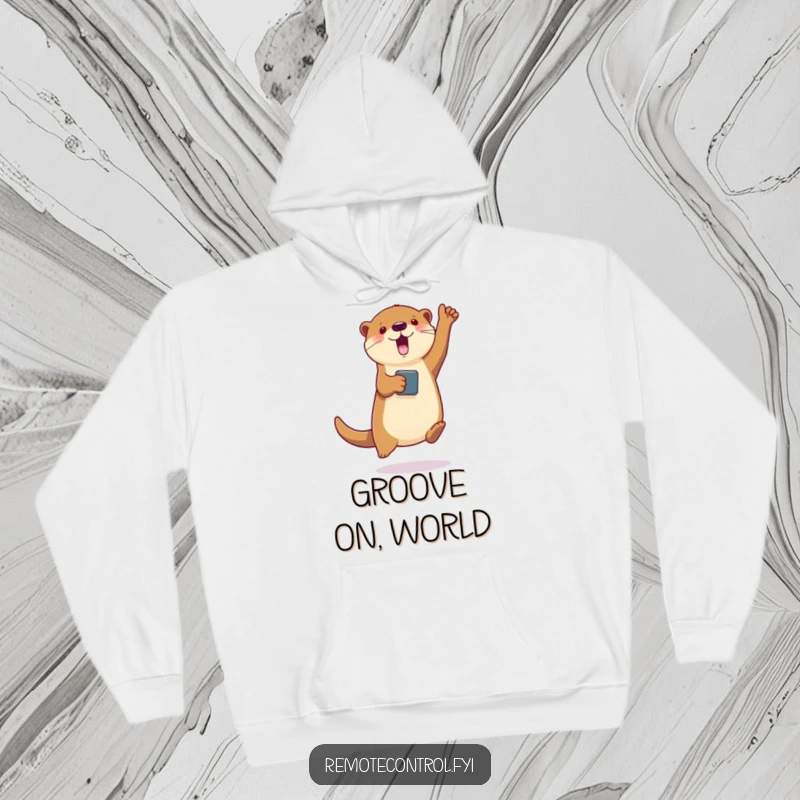 Funny hoodie featuring a jumping otter with a remote, orchestrating a virtual character's dance, ideal for cozy dancers.