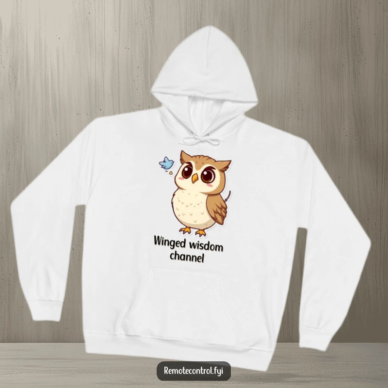 Funny hoodie featuring a surprised owl with a remote, looking at a flying symbol, symbolizing contemplation and cozy mystery.