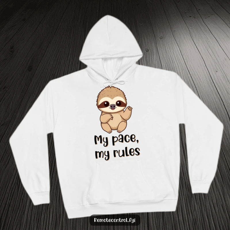 Funny content sloth slowly pushing a button with a single finger, printed on a soft and warm hoodie.