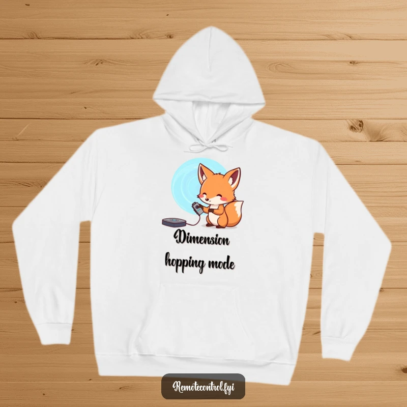 Funny fox hoodie, a curious fox operating a remote, pointing towards a glowing swirling portal, perfect for cozy exploration.