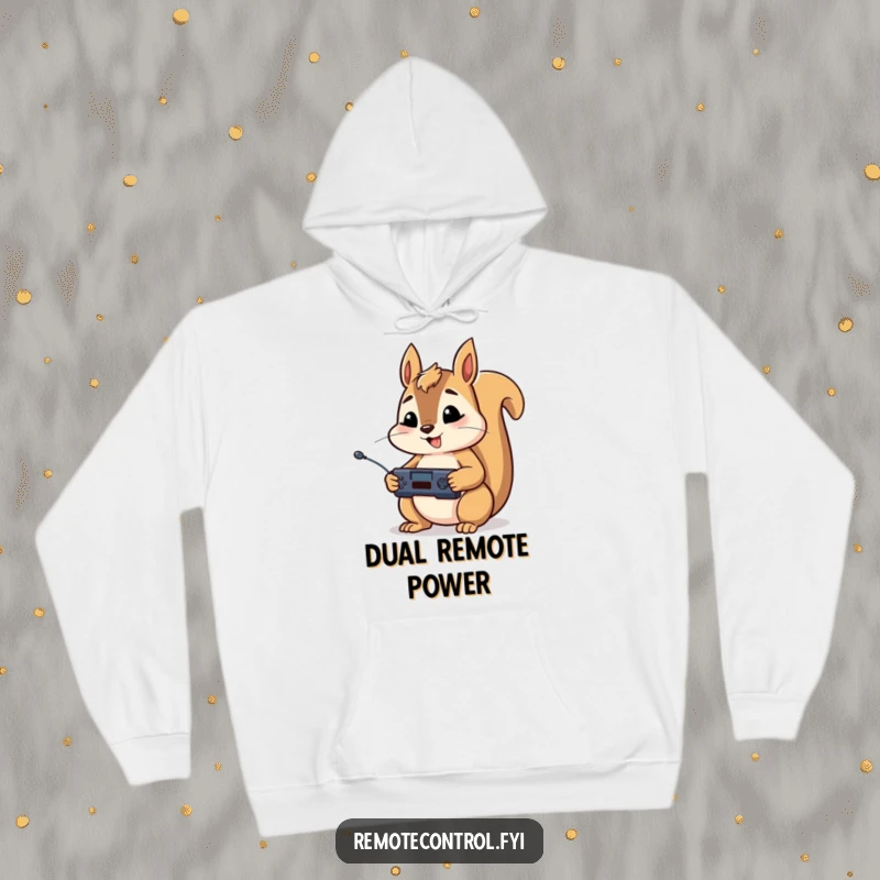 Funny hoodie featuring a happy squirrel character intently holding a TV remote control with both paws, ready to binge.