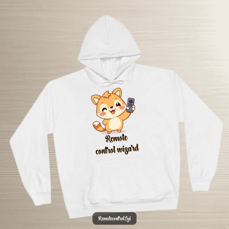 Funny hoodie depicting a happy animal character enthusiastically aiming a remote control, ready for a binge-watching session of pure fun.