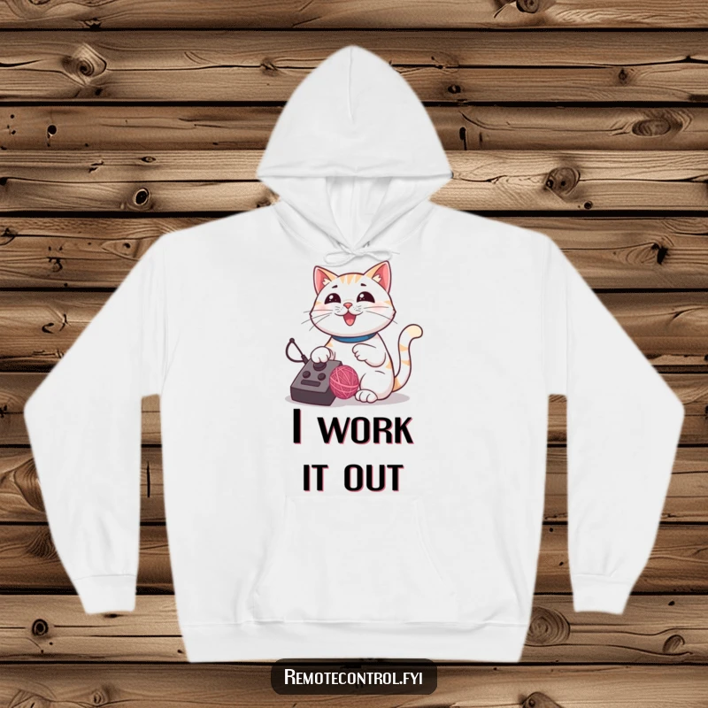 Funny cat hoodie depicting a proud cat using a remote control to direct the movement of a bouncing yarn ball.